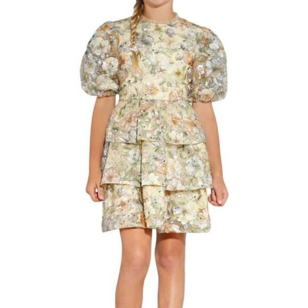 Marlo Kids Clarissa Embroidered Puff Sleeve Mini Dress, Floral Sequin 13-14  NWT